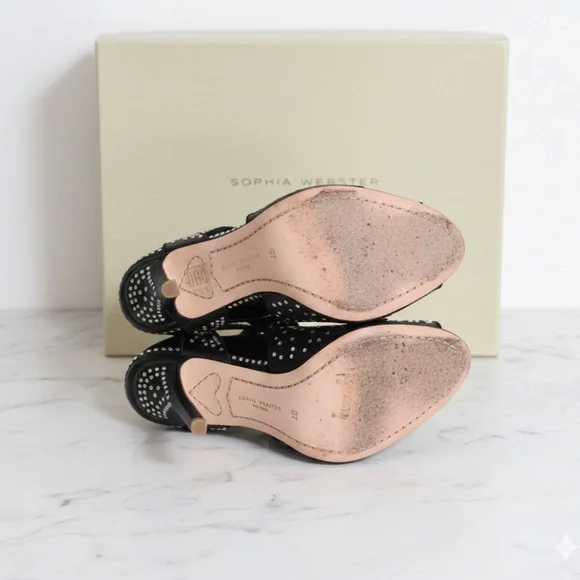 Sophia Webster Satin Crystal Embellished Lace-Up Black Strappy Heels Size 7 / 37